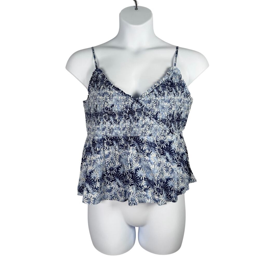 American Eagle‎ Outfitters Tank Top XXL Blue Tropical Print Smocked Cropped